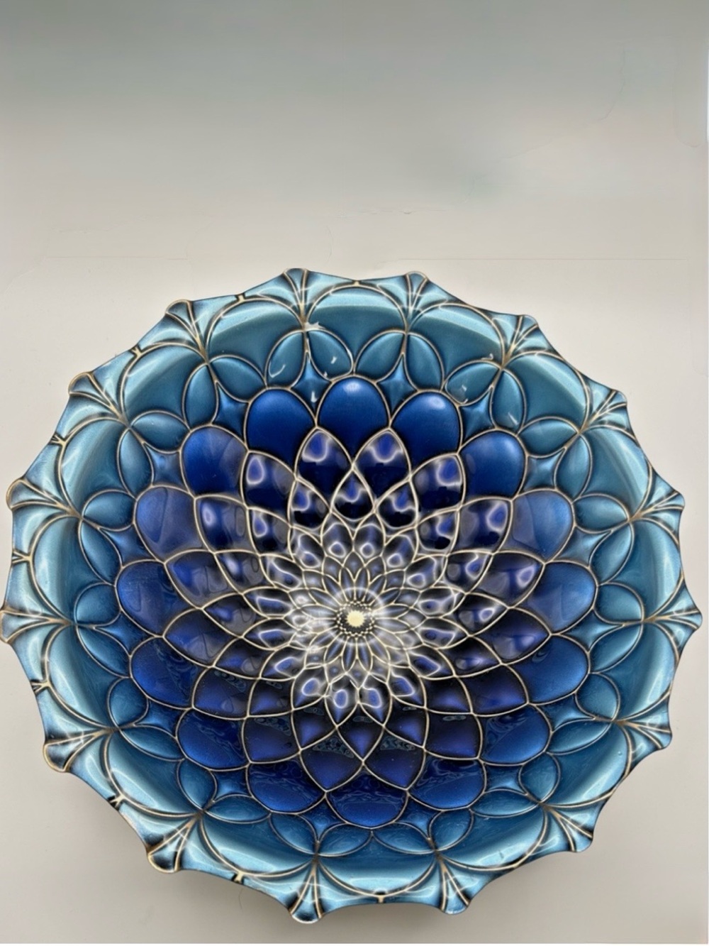Blue Decorative Glass Bowl With A Unique Floral Mosaic Pattern / Gold Detailing